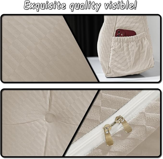 Gradient Velvet Triangular Wedge Pillow, Removable Cover Headboard Pillow for Daybed, Backrest Positioning Support Pillow Cushion Resting Reading Relaxing (Beige, Full(54 * 20 * 8in))