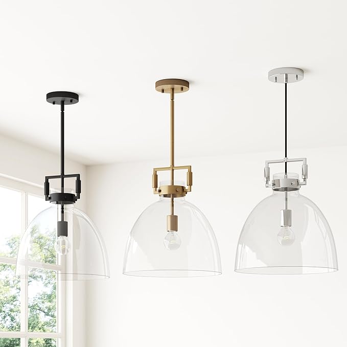Nathan James Leigh Pendant Lighting, Black Hanging Ceiling Light with Oversized Glass Shade and Adjustable Cord, for Kitchen Island or Entryway, Matte Black/Clear, Set of 2