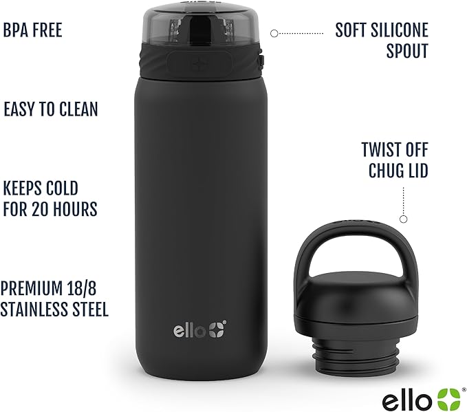 Ello Cooper 18oz Kids Stainless Steel Water Bottle with 2 Lids Chug and Straw | Leak Proof Double Walled and Vacuum Insulated | Fits Car Cupholder | Built in Carry Loop | Dishwasher Safe | Lilac