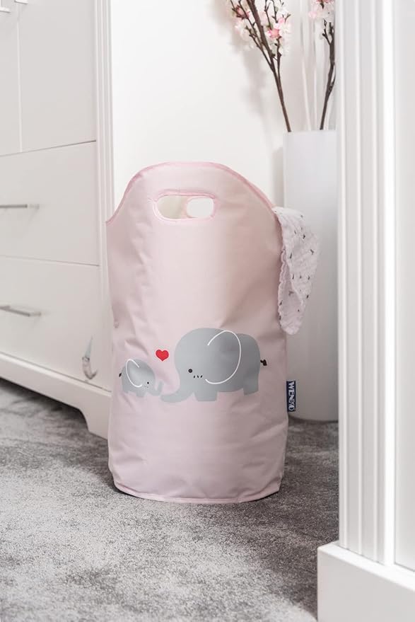 WENKO Kids Laundry Hamper, Baby Hamper for Nursery, Baby Basket for Dirty Clothes, Elephant Nursery Hamper, Toy Basket with Handles, Pink Laundry Bin, 15.7 x 20.5 x 7.9 inch