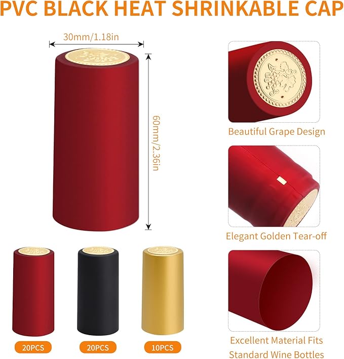 50pcs Wine Bottle Cork Stopper with 50pcs Black Plastic Top, Gold, Red and Black PVC Heat Shrink Capsules, T-Shape Wine Corks and Wine Bottle Seals Shrink Caps for Wine