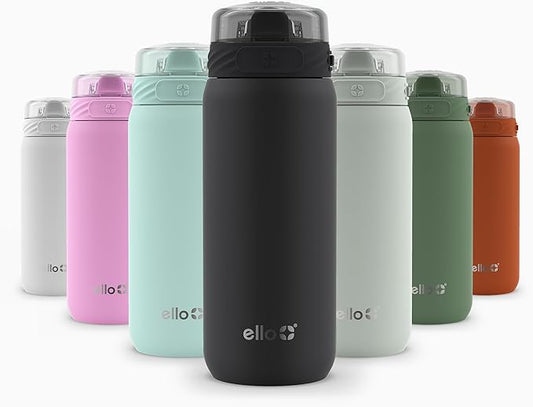 Ello Cooper 18oz Kids Stainless Steel Water Bottle with Straw and Carry Handle, Double Walled and Vacuum Insulated Metal, Leak Proof Locking Lid with Soft Silicone Spout, Reusable, BPA Free, Black