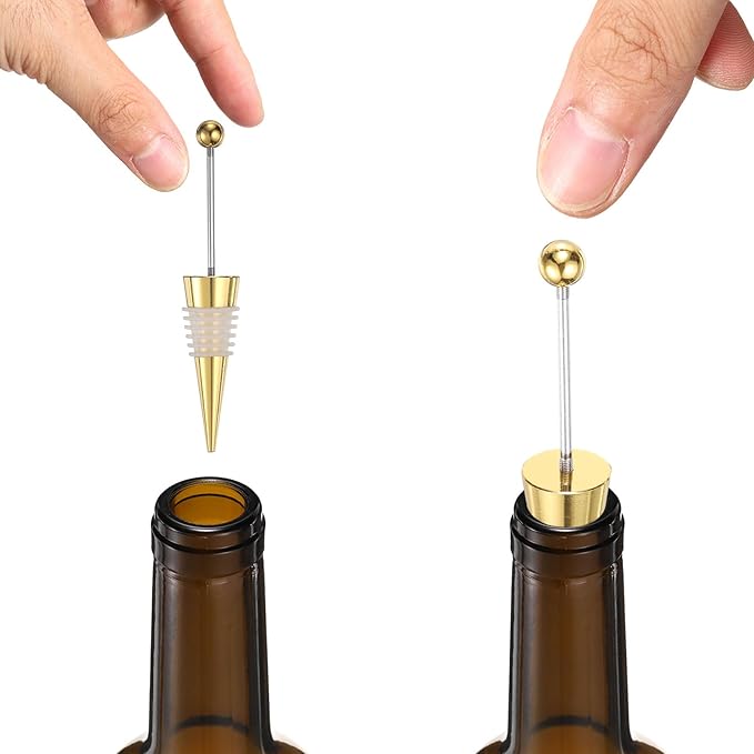 uxcell 10 Pcs Bead Wine Bottle Corks, Wine Stopper Cork, Wine Stopper, Reusable Wine Bottle Corks Sealing Plug Bottle for Beverage Holiday Party Bar,Gold/White