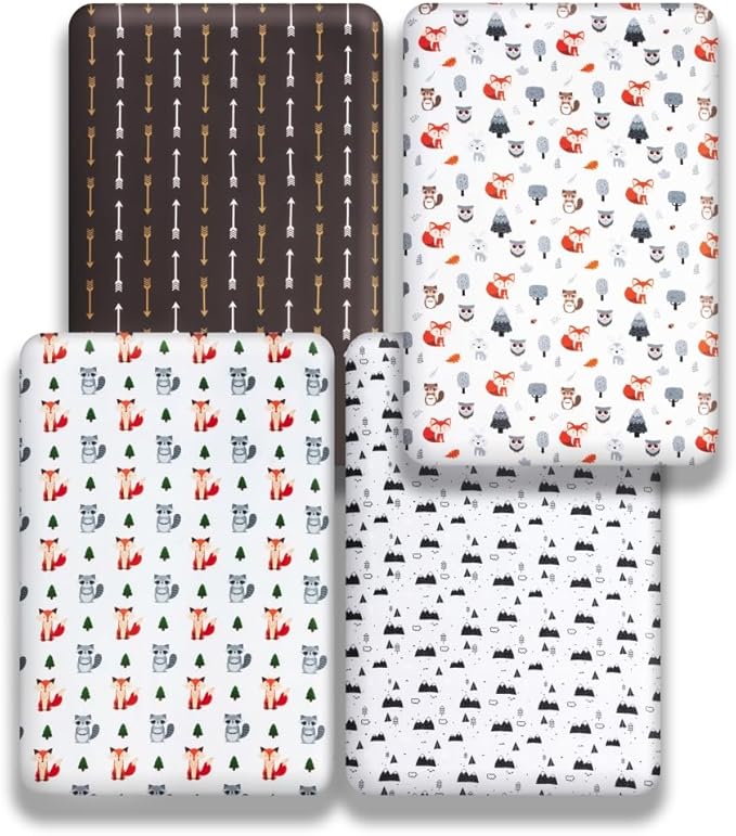 4 Pack Woodland Forest Animals Wood Neutral Unisex Fitted Baby Crib Sheets Set for Baby Boys or Girls Fox