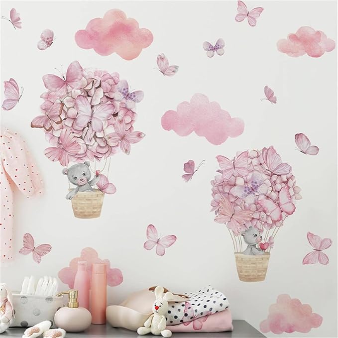Bear Flower Butterfly Pink Clouds Wall Stickers for Girls Room Hot Air Balloon Baby Nursery Decor Wall Decal