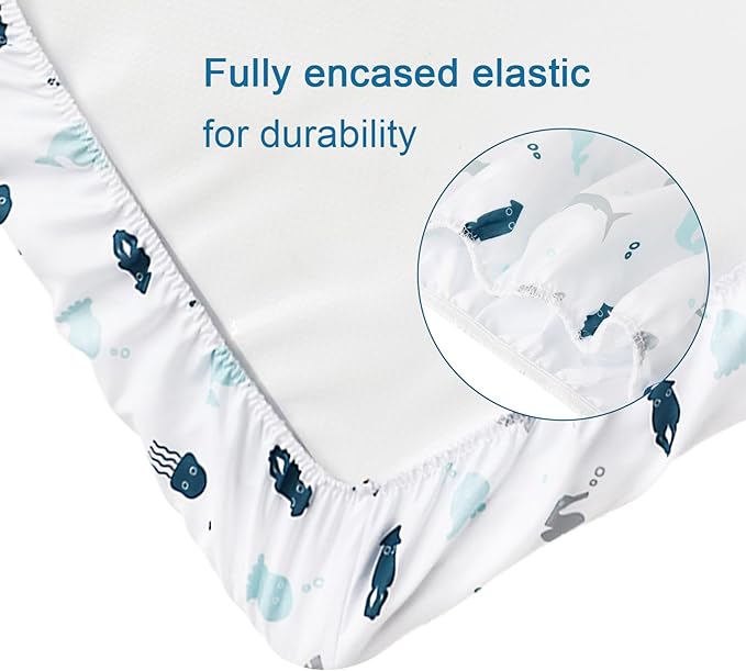 Bassinet Sheets 4 Pack Fit for Fodoss, Cloud Baby, RICUTON, Yacul, VaVaSoo Rocking, Simmons Kids Bassinet(not for Twins) and Graco Travel Lite, Ultra Soft Skin-Friendly, Aqua Dinosaurs & White Ocean