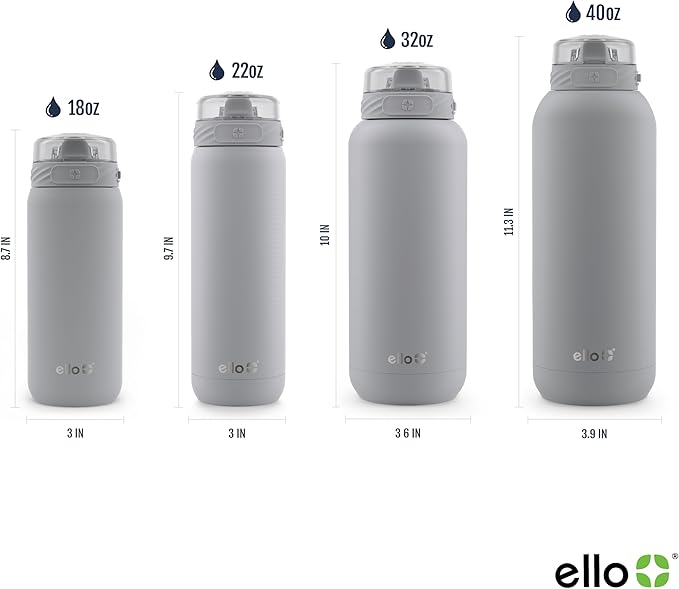 Ello Cooper 32oz Stainless Steel Water Bottle with Straw and Carry Handle, Double Walled and Vacuum Insulated Metal, Leak Proof Locking Lid with Soft Silicone Spout, Reusable, BPA Free, Grey