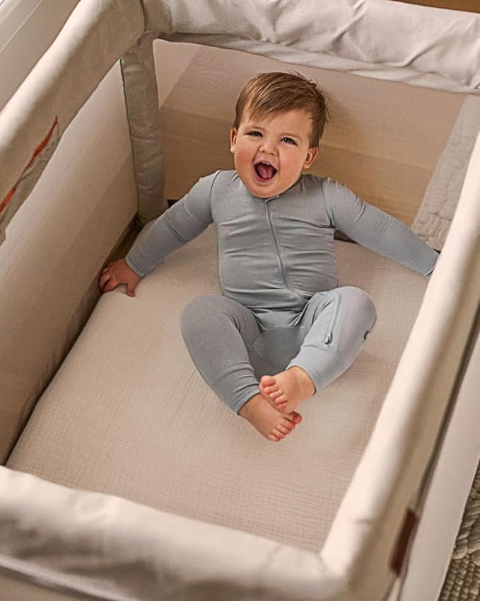 Blissful Diary Muslin Mini Crib Sheets, Pack and Play Mattress Sheets Fitted for Pack N Play, Soft Cotton for Boys Girls, 2 Pack(Retro Yellow&Beige)