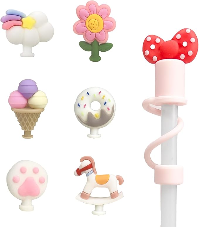 Straw Cover for Stanley Cup for Simple Moder 40 oz Trek, 10mm Silicone Straw Cap with 7Pcs Detachable Cute Charms, Dust Proof Topper Stopper Accessories for 0.4inch/10mm Straws Sweet Dream