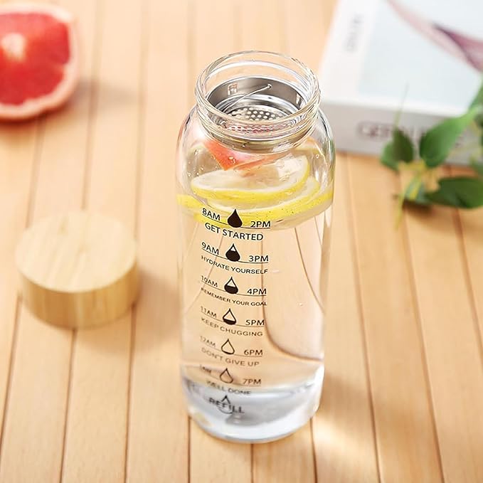 25oz Glass Water Bottle with Time Marker, Leak-Proof,With stainless steel tea strainer, BPA-Free Reusable Hot and Cold Beverages for Office, Gym, Travel（2PCS）