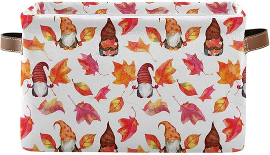 Fall Gnomes Storage Basket Fabric Kitchen Baskets Autumn Maple Leaves Open Home Storage Bins Boxes Foldable Organizer Bag for Baby Cloth Pet Toy Book Shelf Closet Baskets 16×12×8 Inches