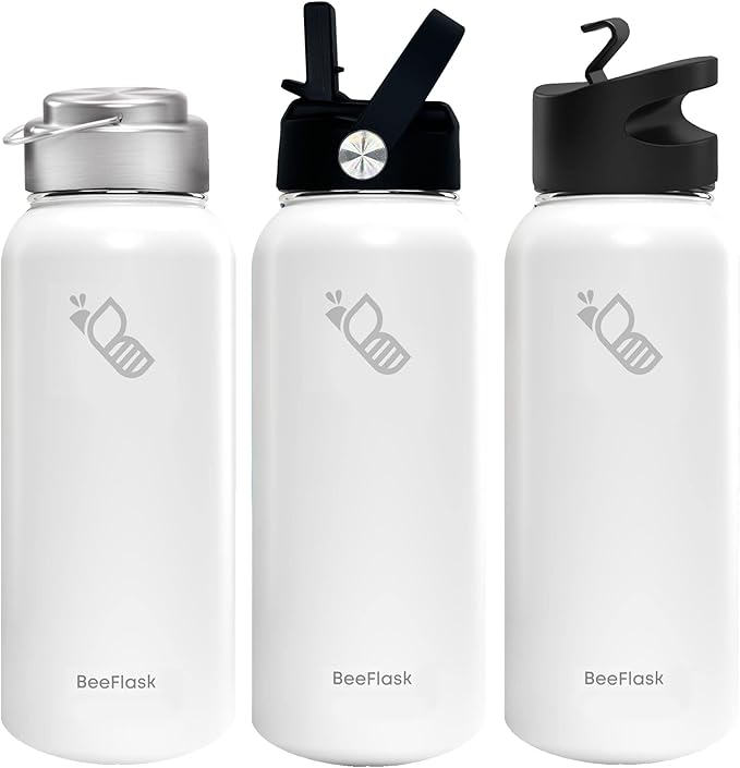 Sports Water Bottle - 32 Oz, Includes 50 Cute Flask Stickers, 3 Lids (With straw), Vacuum Insulated, 308 Stainless Steel, with a Portion of Sales Supporting Bee Conservation | White