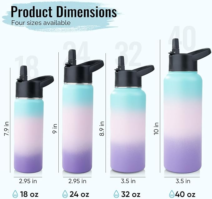 Stainless Steel Water bottle with Straw & Wide Mouth Lid, Wide Rotating Handle, 24oz Double Wall Vacuum Insulated Water Bottle Leak Proof, BPA Free, Keep Cold and Hot, 24oz, Purple Gradient