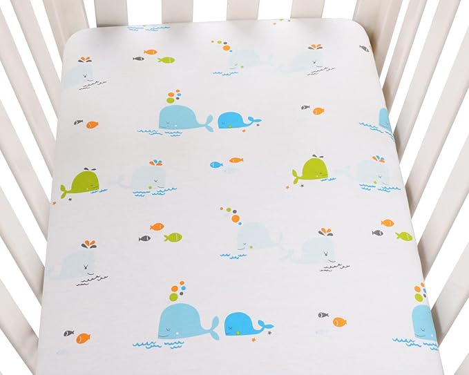 Bassinet Sheets Compatible with RONBEI Bassinet Bedside Sleeper, Cuddor, BabyBond and BUBAVAN Bassinet Bedside, 2 Pack, 100% Jersey Knit Cotton 190GSM, Ultra Soft Breathable, Dolphin and Whale