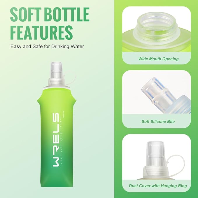 Collapsible TPU Soft Flask,Reusable Handheld Soft Water Bottle for Hydration Pack,BPA Free Gradient Folding Water Flask for Running Cycling Climbing (Mix Green-250ml *2)