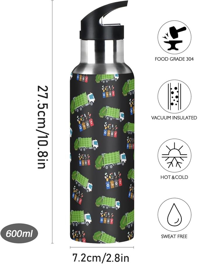 Garbage Truck Trash Recycling Stainless Steel Water Bottle with Straw Lid - 20 Oz Sports Insulated Water Bottle Thermos for Sport Gym Outdoor Travel School (DZ008)