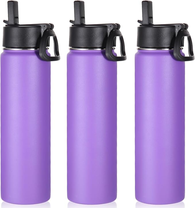 Volhoply 24oz Insulated Water Bottle With Straw Bulk 3 Pack,Metal Wide Mouth Water Bottles With Handle Keep Cold,Reusable Double Wall Thermos,Powder Coated Sport Bottle For Holder(Purple,3 Count)