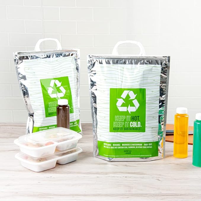 Restaurantware Cater Tek 11.8 x 5.9 x 15 Inch Hot And Cold Bag 1 Triple Layer Insulated Bag - Snap Lock Handles Waterproof Green & Silver Plastic Thermal Lunch Bag For Frozen & Hot Items