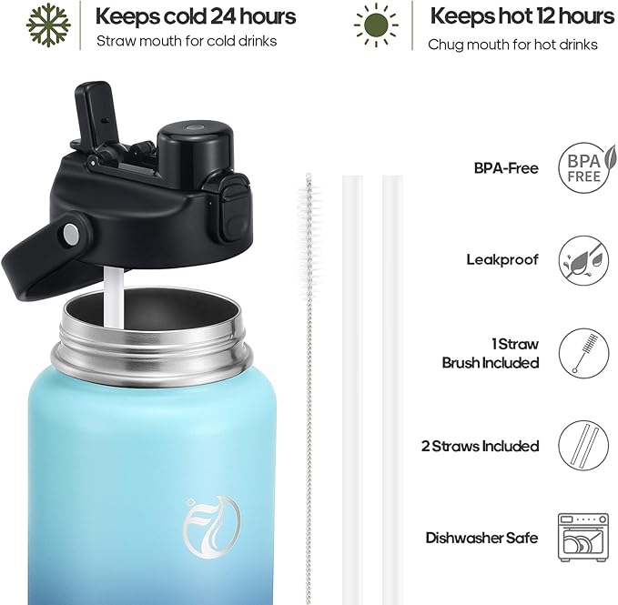 Half Gallon Insulated Water Bottle with 2-in-1 Lid (Chug Lid/Straw Lid), 40/64oz Double Walled Vacuum Stainless Steel Water Bottles, Water Jug with Straw