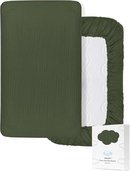 Olive Green Pack and Play Mattress Pad Sheets, Neutral Muslin Cotton Small Pack n Play Mattress Pad Cover, 39"x27" Soft and Breathable Baby Sheets for Pack and Play (46P-10)