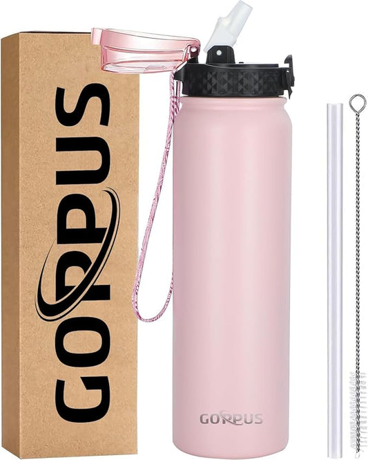GOPPUS 32 oz Sports Water Bottle 1 Liter Double Wall Insulated Stainless Steel Water Bottles with Straw Lid Reusable Leak proof Metal water bottles with Strap Handle(Pink 1 lid)