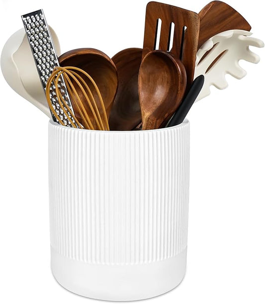 Instant Dry Stone Utensil Holder for Kitchen Counter, H7" Large Diatomite Kitchen Utensil Holder for Countertop, Cooking Utensil Crock with Water Absorbent, Farmhouse Kitchen Counter Decor,White