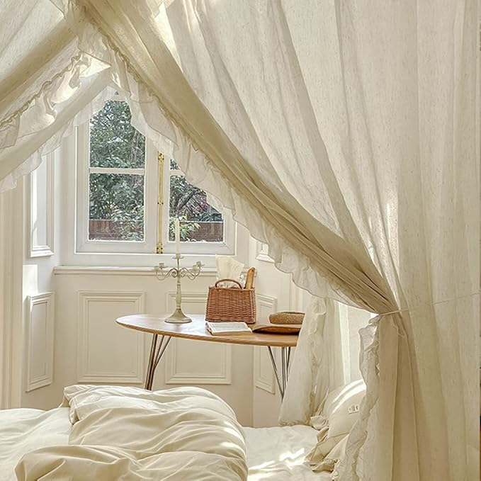 Elegant Modern Linen Princess 4 Corner Post Mosquito Net Romantic for Girls Women Bed Curtain Canopy for Adult Wedding Bedroom Kids Rooms Decoration (White-Beige, Queen)