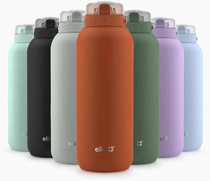 Ello Cooper 40oz Stainless Steel Water Bottle Vacuum Insulated with Straw and Carry Handle, Leak Proof Locking Lid with Soft Silicone Spout, Dishwasher Safe, Bonfire