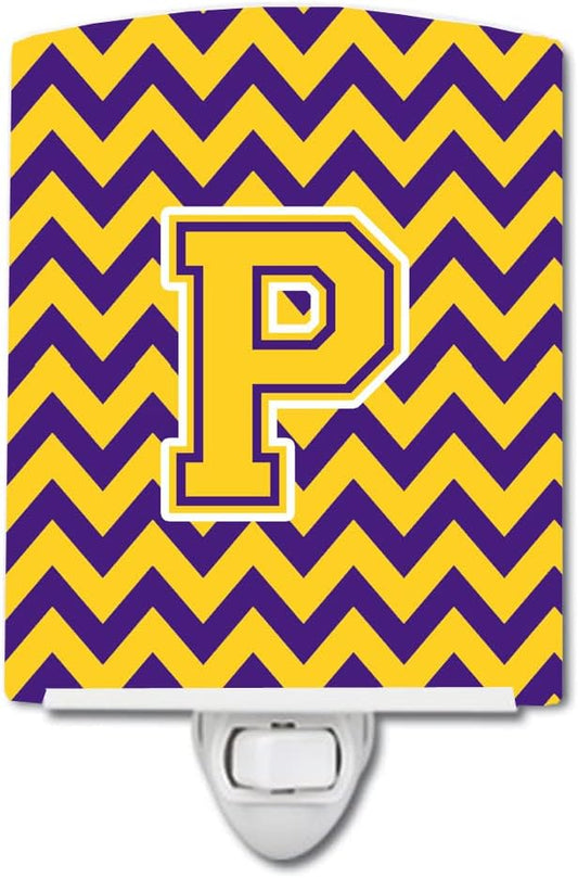 Caroline's Treasures CJ1041-PCNL Letter P Chevron Purple and Gold Ceramic Night Light Compact, UL-Certified, Ideal for Bedroom, Bathroom, Nursery, Hallway, Kitchen, 6x4x3, Multicolor
