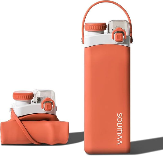 Collapsible Silicone Water Bottle - 600ml, BPA-Free, Portable and Leak-Proof with Carrying Handle for Travel, Camping, Hiking, Fishing, Swimming, Biking