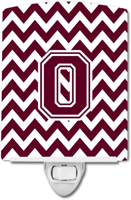 Caroline's Treasures CJ1051-OCNL Letter O Chevron Maroon and White Ceramic Night Light Compact, UL-Certified, Ideal for Bedroom, Bathroom, Nursery, Hallway, Kitchen, 6x4x3, Multicolor