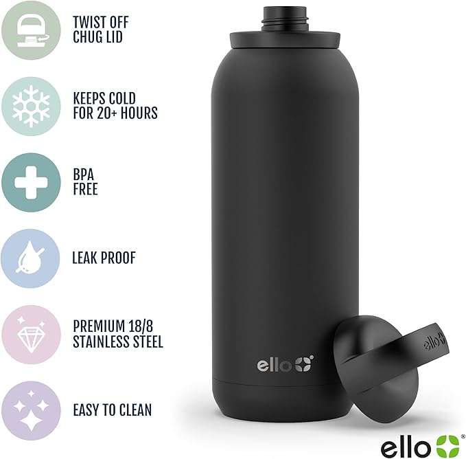 Ello Cooper Twist 40oz Stainless Steel Water Bottle with Chug Lid | Leak Proof | Double Walled and Vacuum Insulated | Built in Carry Loop | Dishwasher Safe | Sage