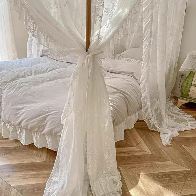Elegant Lace Princess 4 Corner Post Mosquito Net Romantic for Girls Women Bed Curtain Canopy for Adult Wedding Bedroom Kids Rooms Decoration (Type3-Beige-White, Queen)