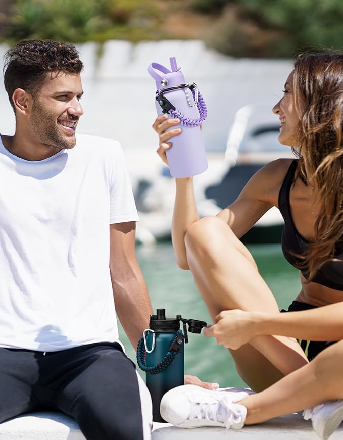 32/40/64oz Insulated Water Bottle with Straw - Spout Lids, Paracord Handle, Shoulder Carrier Bag, 32 oz Stainless Steel Water Bottle Thermal Flask for Sport Travel Work, Hydro Mug Cold for 48Hrs
