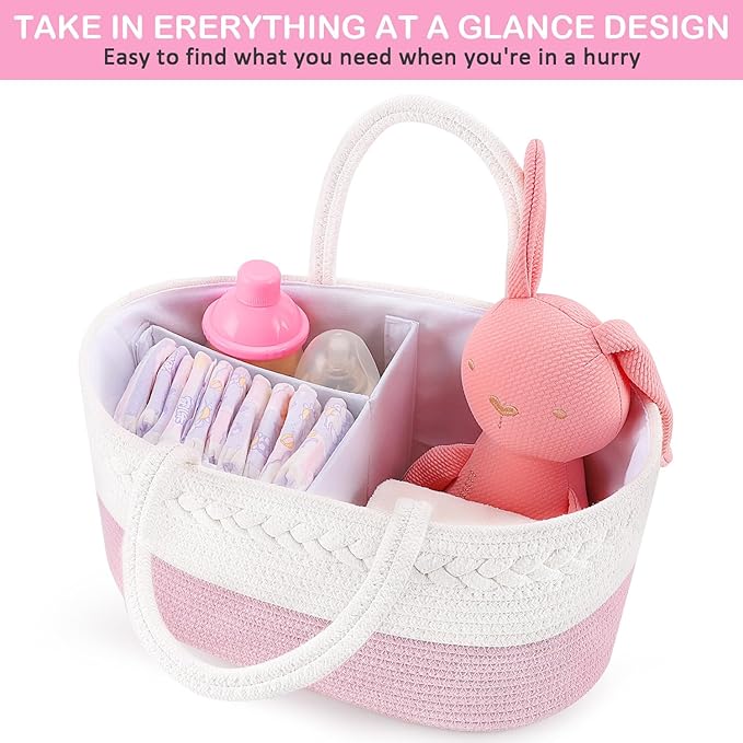 ABenkle Baby Diaper Caddy, Nursery Storage Bin and Car Organizer for Diapers Wipes, Cotton Rope Basket Changing Table Caddy