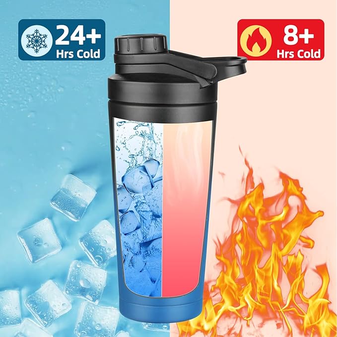 24 oz Shaker Bottle,Stainless Steel Shaker Bottle with Noise-Free Design,Insulated Metal Shakers Bottles Cup for Protein Mixes and Pre Workout,Gym Shaker Bottle (Black&Blue)