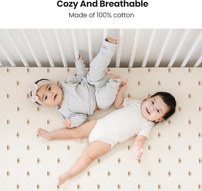 Konssy Muslin Fitted Crib Sheets 100% Cotton Baby Crib Sheets for Standard Crib Mattress (28 X 52 Inches), Soft and Breathable for Boys, Girl (Sun)