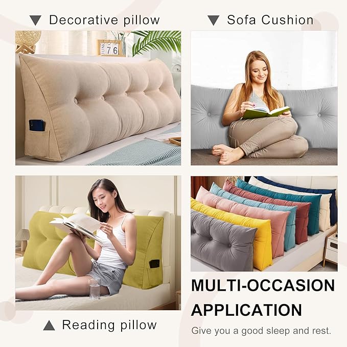Large Triangular Headboard Pillows Long Backrest Positioning Support Bolster Cushion for Daybed Fluffy Quality Plush Body Wedge Pillow with Removable Cover(Light grey-Queen-59x8x20in)