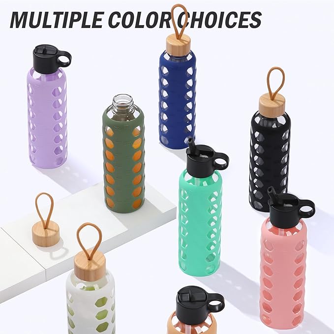 MUKOKO Glass Water Bottles, 24oz Glass Tumbler, Drinking Bottles with 2 Lids-Handle Flip Straw Lid&Bamboo Lid, Motivational Water Bottle with Time Marker and Silicone Sleeve, Leakproof-1 Pack-Pink