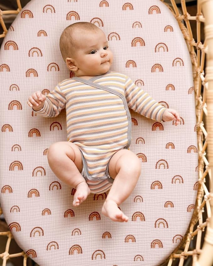 Blissful Diary Muslin Bassinet Sheets for Baby Girls Boys, Boho Soft Cotton Fitted for Oval Hourglass Rectangle Mattress, 2 Pack(Rainbow&Cedar)