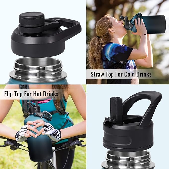 Gallon Water Bottle with Straw&Spout Lid, 128oz Stainless Steel Water Jug with Handle and Wide Mouth, One Gallon Vacuum Double Walled Jug for Sports, Outdoors, Leak-Proof. Blue&Black 128oz