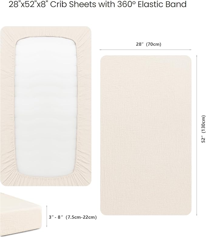 Konssy Muslin Fitted Crib Sheets 100% Cotton Baby Crib Sheets for Standard Crib Mattress (28 X 52 Inches), Soft and Breathable for Boys, Girls (Cream)