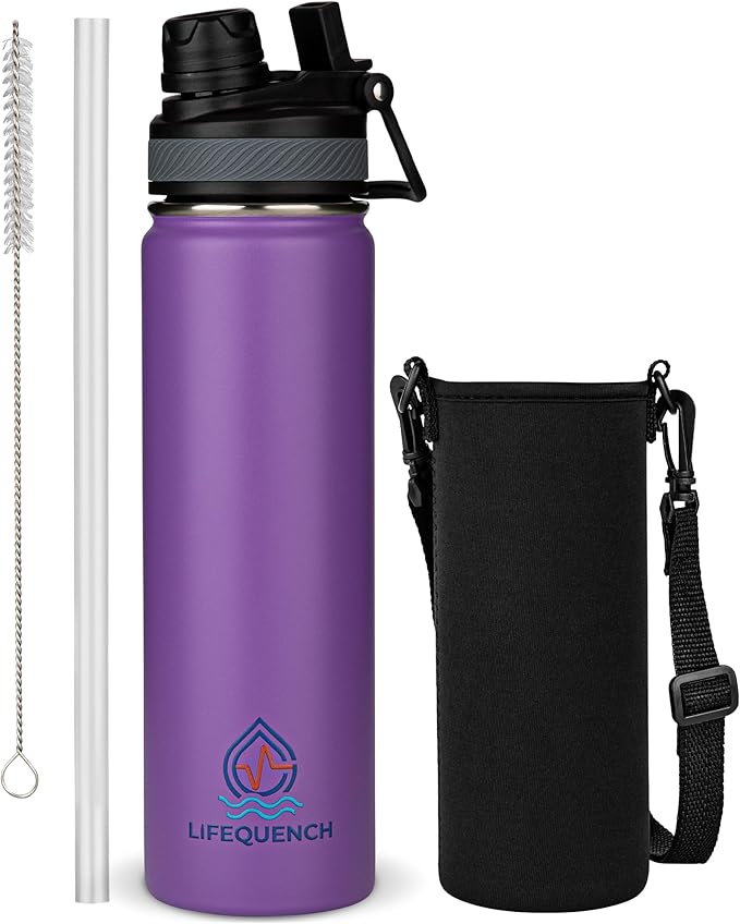 Insulated Water Bottle with Straw and Handle 22 oz-Stainless Steel Water Bottles with Straw, Dual Cap Function & Sleeve, Keeps Drinks Hot Up to 12 Hours & Cold Up to 24 Hours (Purple)