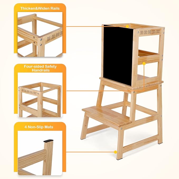 Kids Kitchen Step Stool with Chalkboard & Safety Rail for Toddlers 18 Months and Older, Safety Anti-Slip Protection, Removable Step Stool for Adult Use, Natural