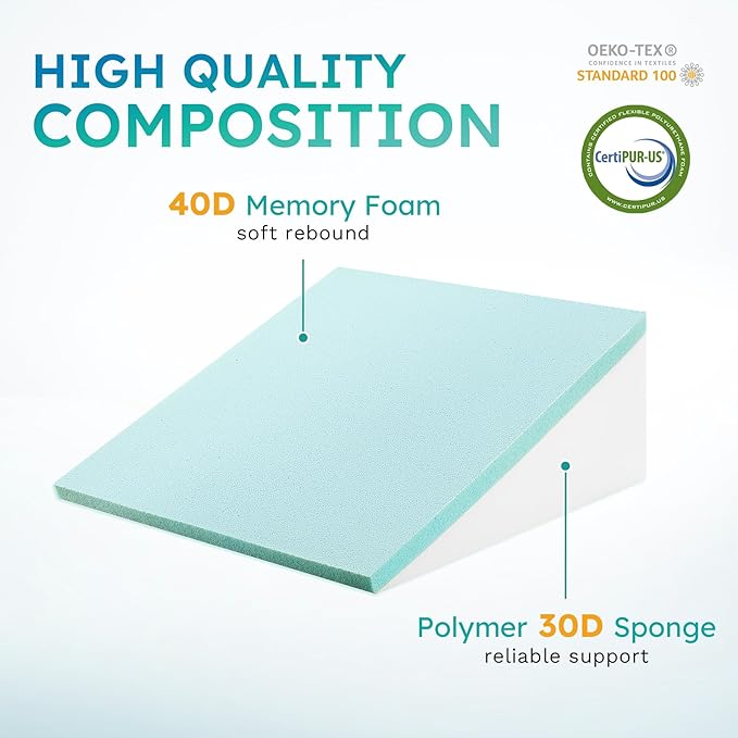 Wedge Pillow for Sleeping, 10 inch Elevated Support Bed Wedge Pillow, Breathable Triangle Pillow Wedge with Cooling Memory Foam Top - Removable Washable Cover, Grey