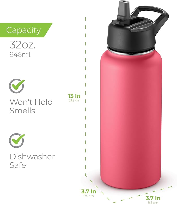 SipX™ Triple-Insulated Stainless Steel Water Bottle 32oz. With 3 Lids, BPA-Free Reusable Insulated Water Bottle Keeps Cold 24 Hours, Metal Water Bottle Made Of Sustainable Material For Hiking & Biking