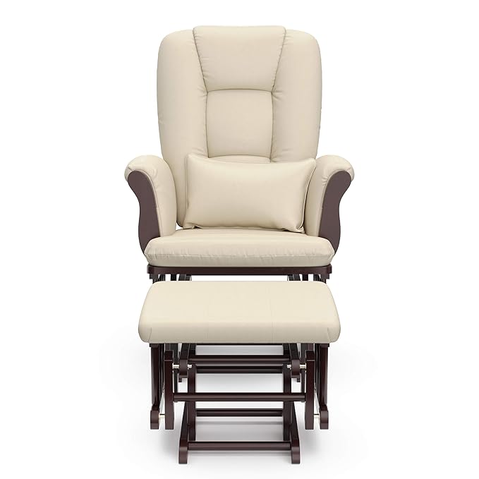 Storkcraft Tuscany Custom Glider and Ottoman with Free Lumbar Pillow (Espresso/Beige) - Cleanable Upholstered Comfort Rocking Nursery Chair with Ottoman