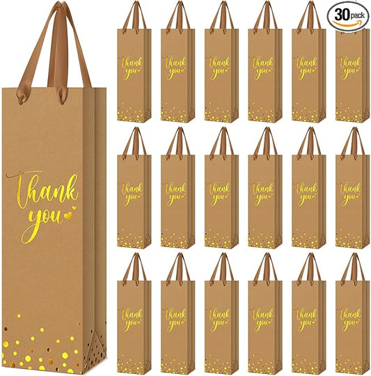 Ctosree 30 Pcs Wine Gift Bag for Wine Bottle Wedding Wine Thank You Gift Bag with Metallic Gold Foil Print Kraft Wine Paper Favor Bag with Attractive Rope Handle for Graduation Bottle(Brown)