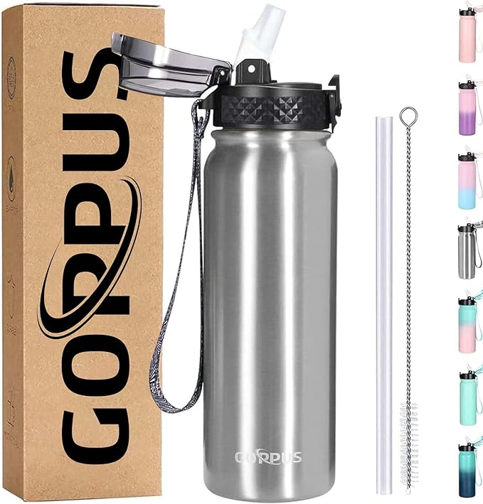 GOPPUS Kids Water Bottle with Straw 20oz Double Walled Metal Sports Insulated Stainless Steel Water Bottles Leak Proof with Strap Handle Stickers for Boys Girls School(Steel 1 Lid)