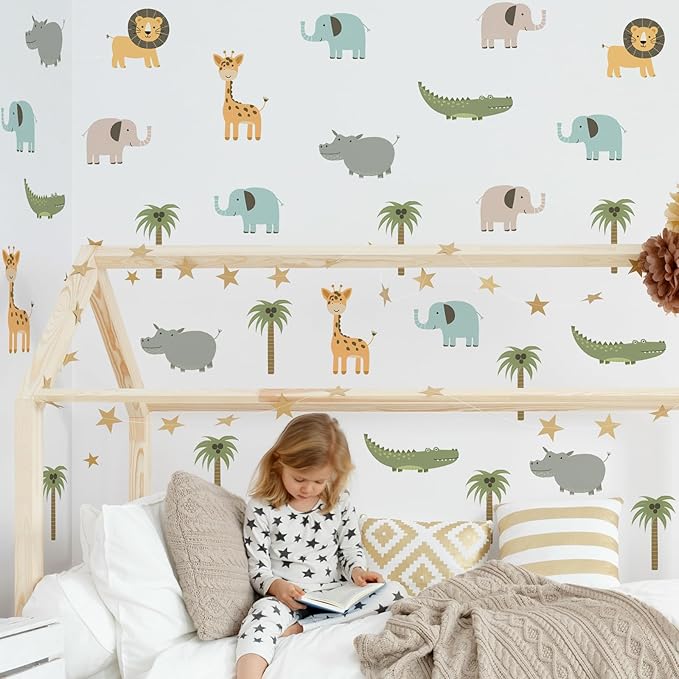 5PCS Cartoon Animal Wall Decal Removable DIY Elephant Hippopotamus Giraffe Lion Crocodile Wall Decal Peel and Stick Coconut Tree Wall Art for Baby Nursery Bedroom Living Room Playroom Decor (A)